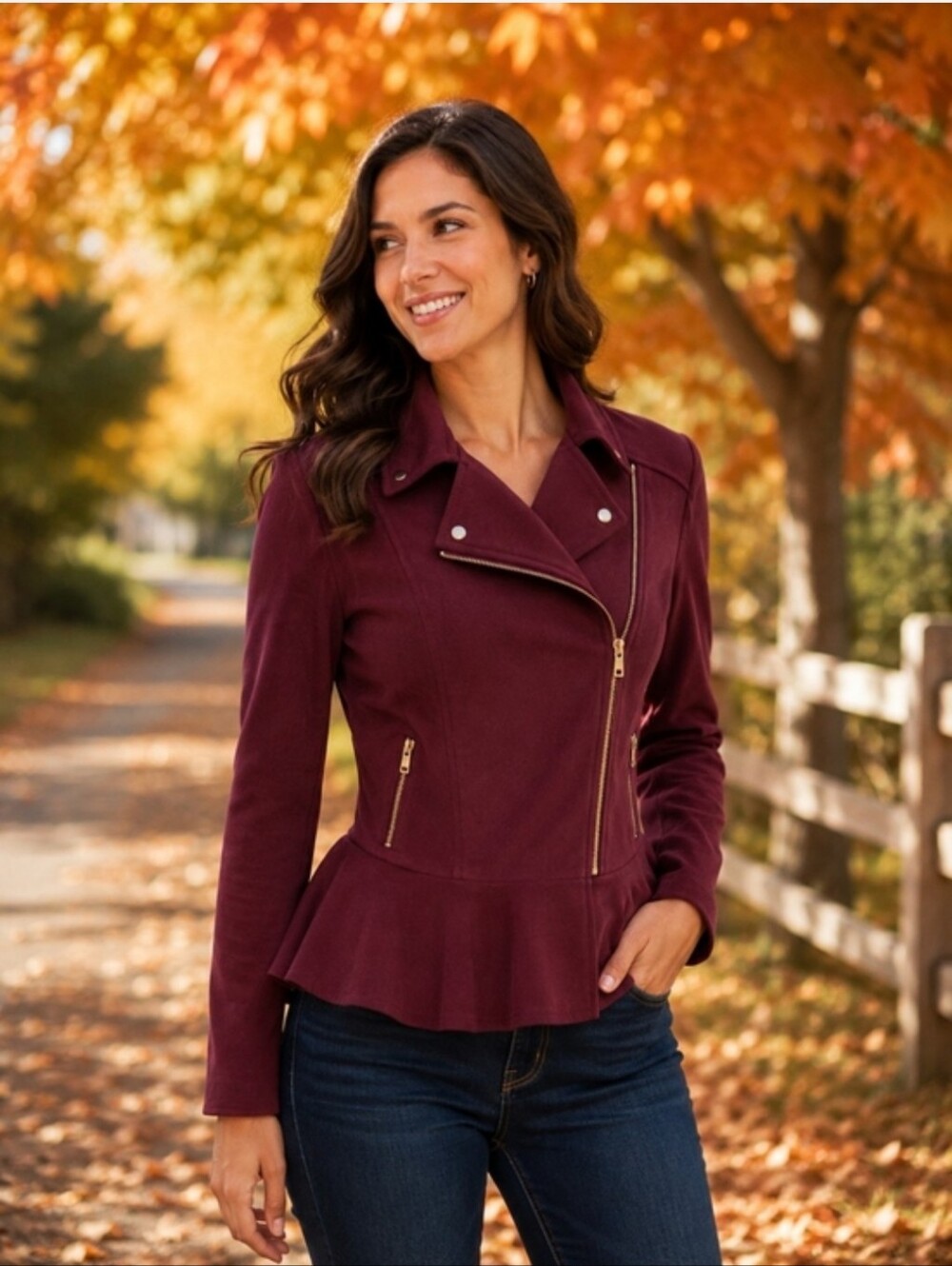 INC International Concepts Faux Suede Burgundy Moto Peplum Jacket Large EUC